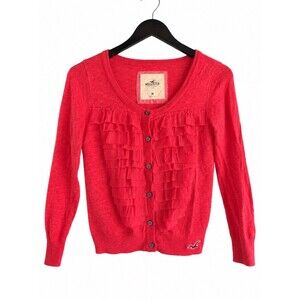 Hollister Coral Pink Ruffle Cardigan Y2K Sweater Women’s Size Medium